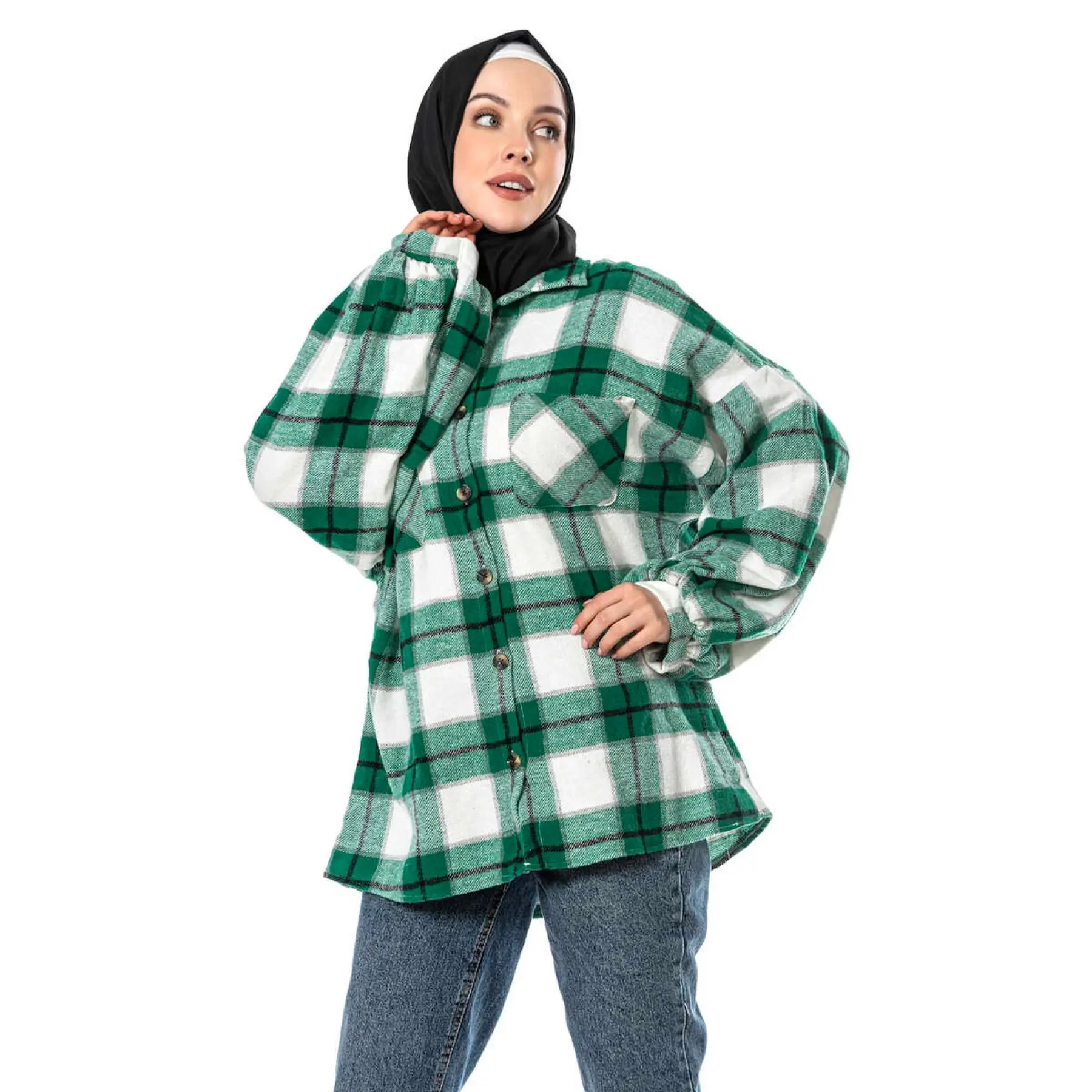 

Lumberjack Shirt Tunic Muslim Women Long Sleeve Shirt collar Square Detailed Winter Women Muslim Clothing Hijab Fashion Dubai