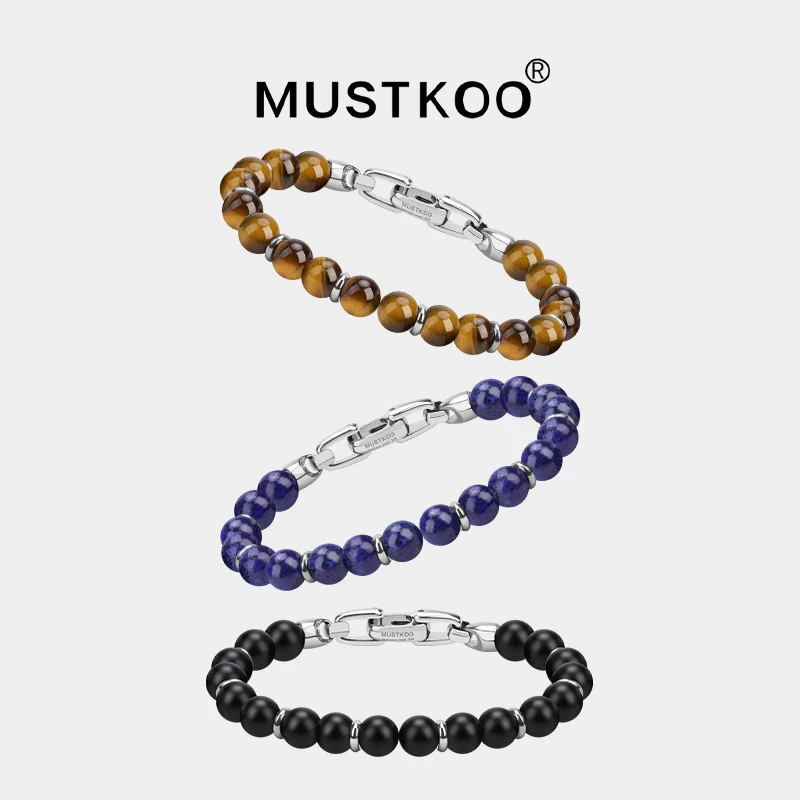 MUSTKOO Мужской браслет с камнем Тигровый глаз 18 см. из бисера лазурита и черного
