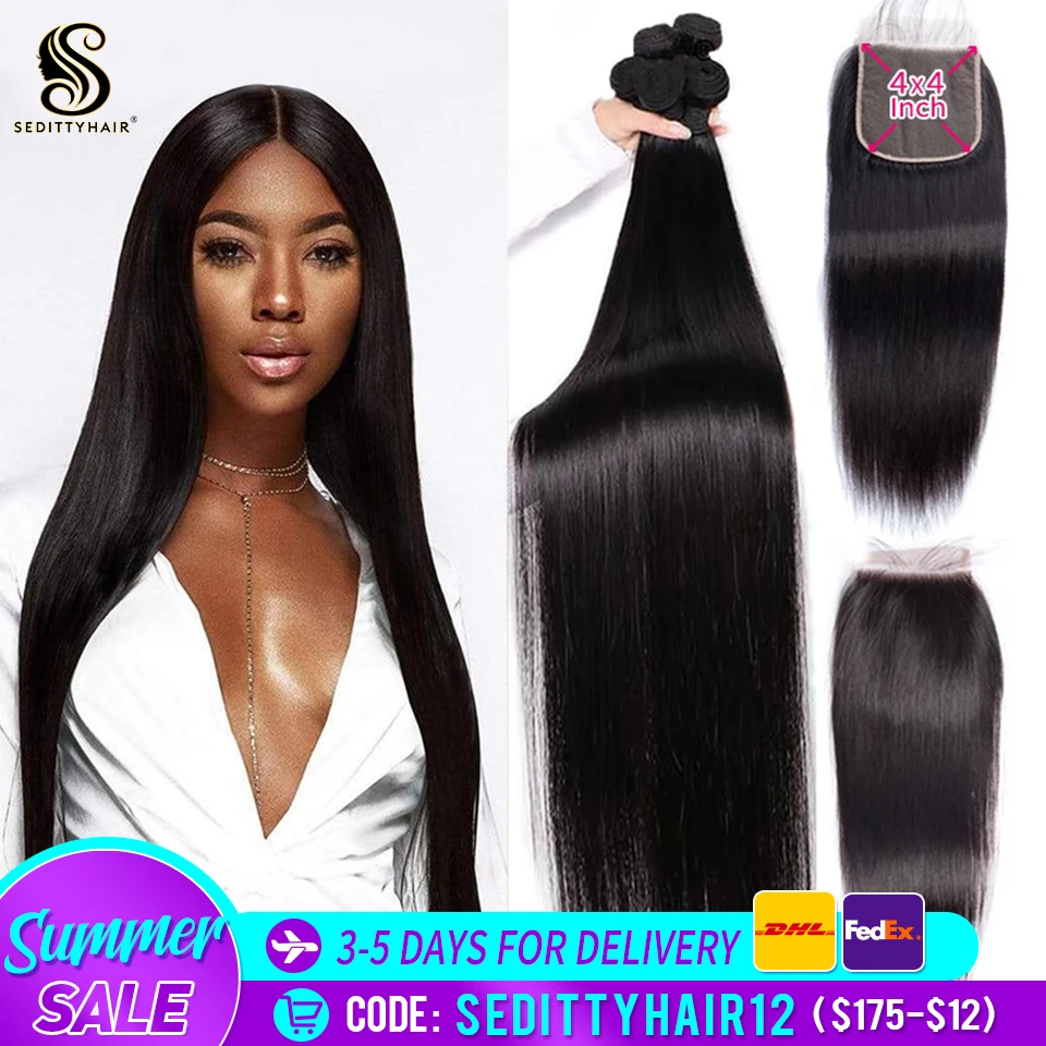 Sedittyhair 28 30 Inch peruvian  Straight Human Hair Weave Bundles With Closure 4x4 cheap Frontal With 3 4 Bundles Remy Hair