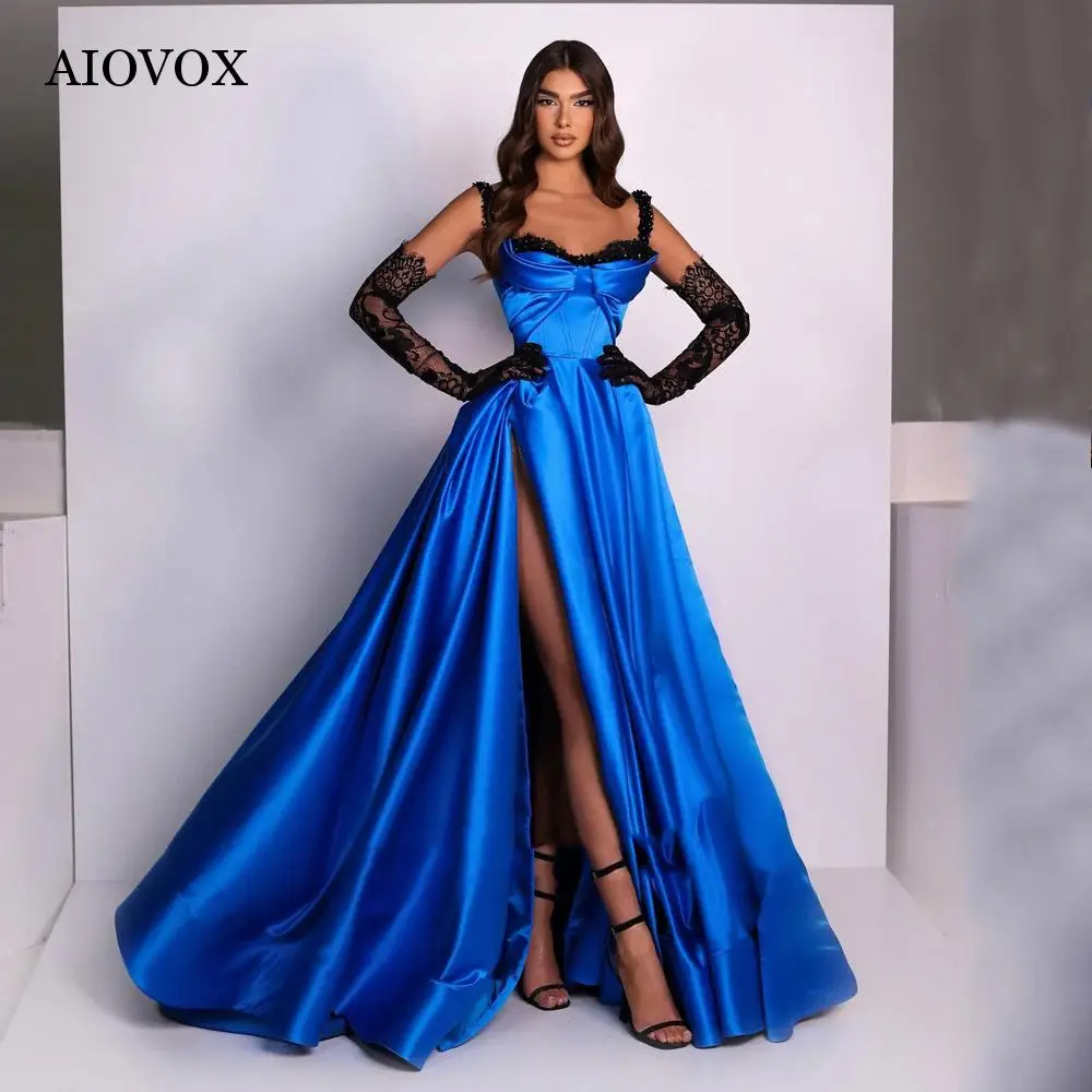 

AIOVOX Elegant Lace Stain Evening Dresses Formal Sweetheart Spaghetti Straps Prom Dresses High Split Robes De Soiree Femme