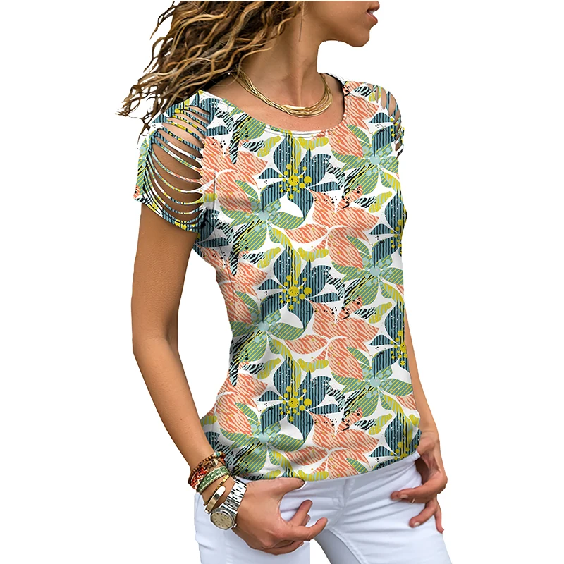 

Floral Print T-Shirt Women 2022 Summer Round Neck Short Sleeve Tops Loose Casual Tee Shirt Female Sexy Hollow Out T Shirts