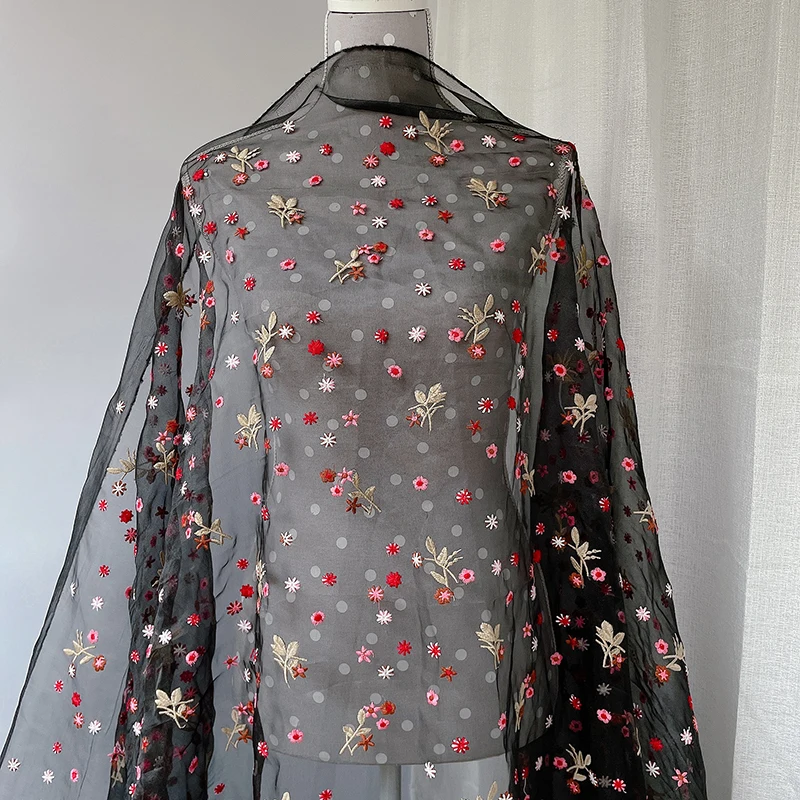 3/5/10yard Colorful Floral Embroidered Organza Fabric Sheer Voile Gauze Cloth for Dressmaking Black White By the Yard - купить по