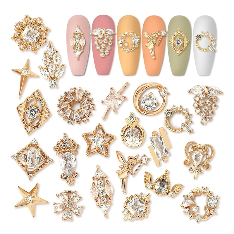 

5 Pcs Luxury Nail Jewelry Brand Logo Design Parts 3D Glitter Gold Zircon Crystals Manicure Art Charms Decoration Accessories