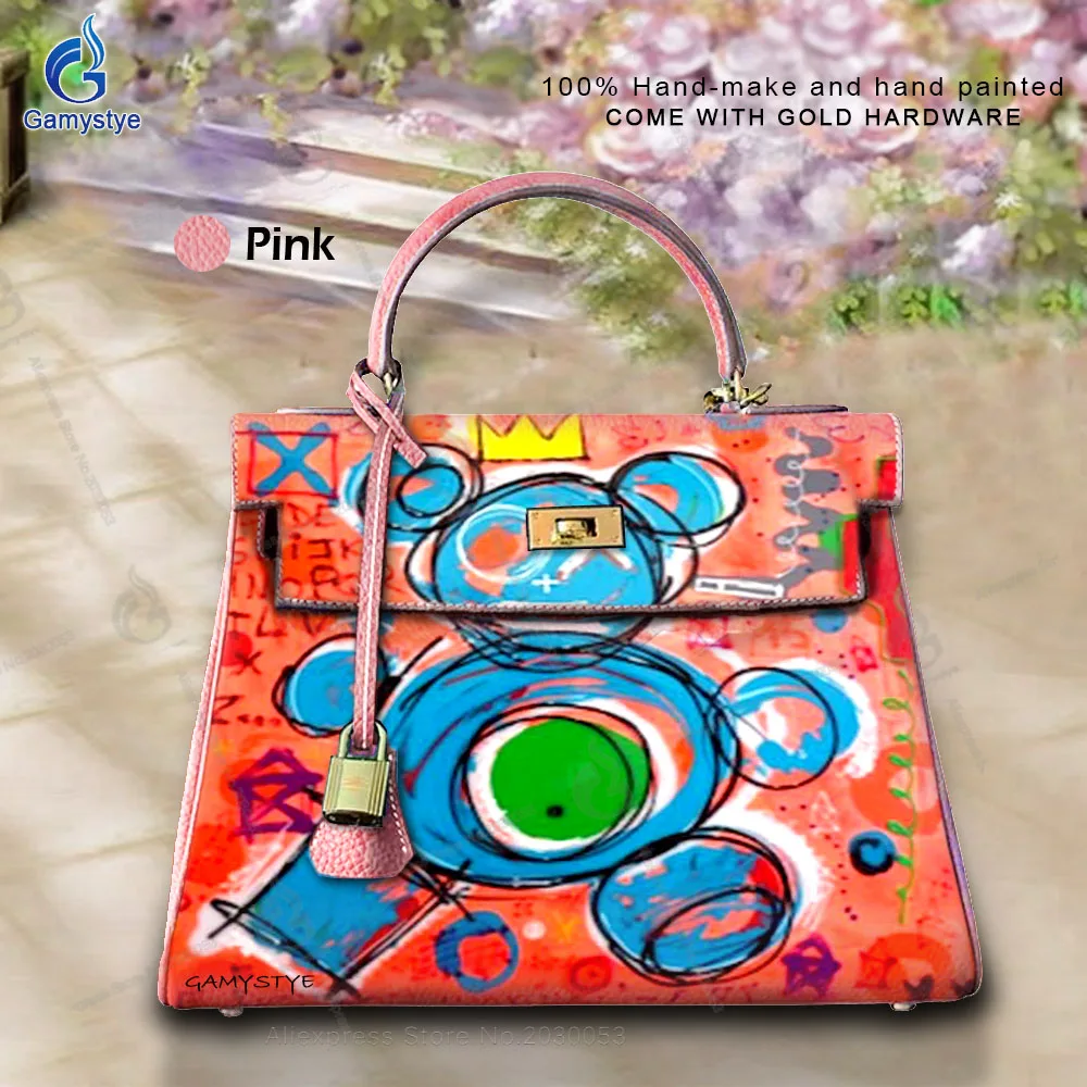 

Brand Casual Tote Bag Women Handbags Genuine Togo Leather Shoulder Bags Vintage Big Capacity Crossbody Bag Art Graffiti XO Bear