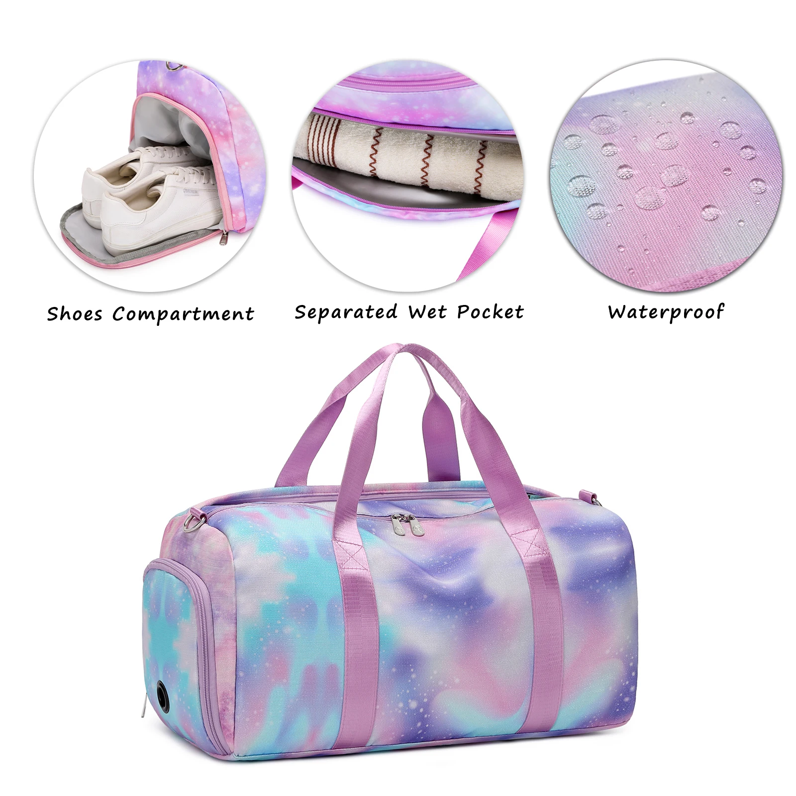 Girls Rainbow Dance Gym Bag Women Medium Cute Waterproof Travel Camping Bag Purple Galaxy Printed Overnight Weekender Duffel Bag