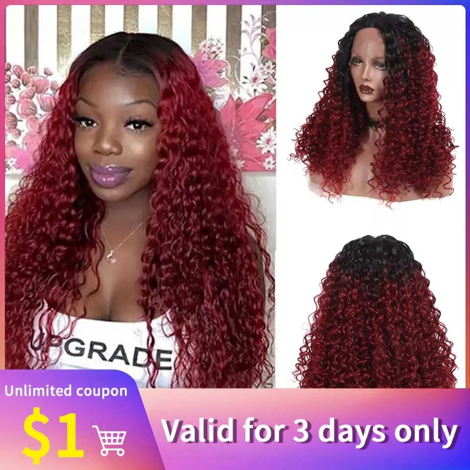 Synthetic Wig Afro Kinky Curly Hair 13x4x1 T Part Lace Front Wig For Women Ombre Red Burgundy Colored Middle Part Cosplay Party