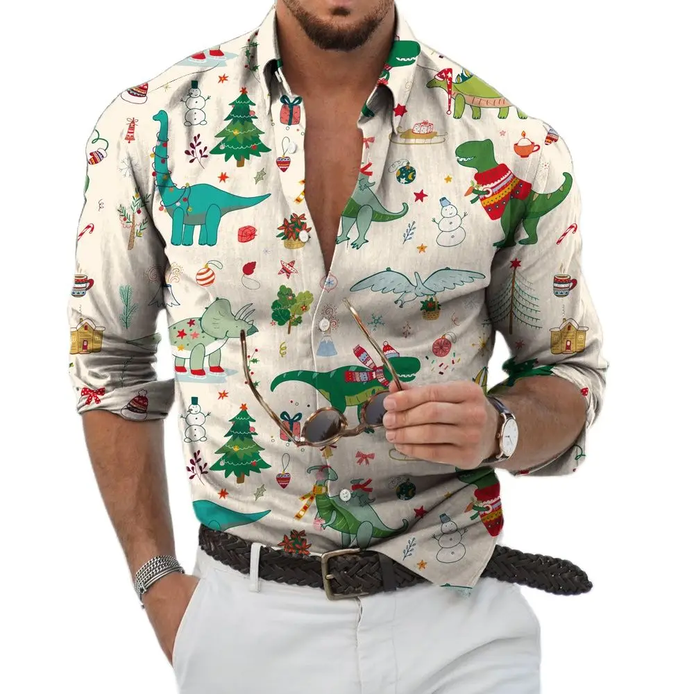 

2022 New Christmas Theme 3D Printing Men's Button Shirt Fashion Long Sleeve Shirt Holiday Party Top New Year Street Dress