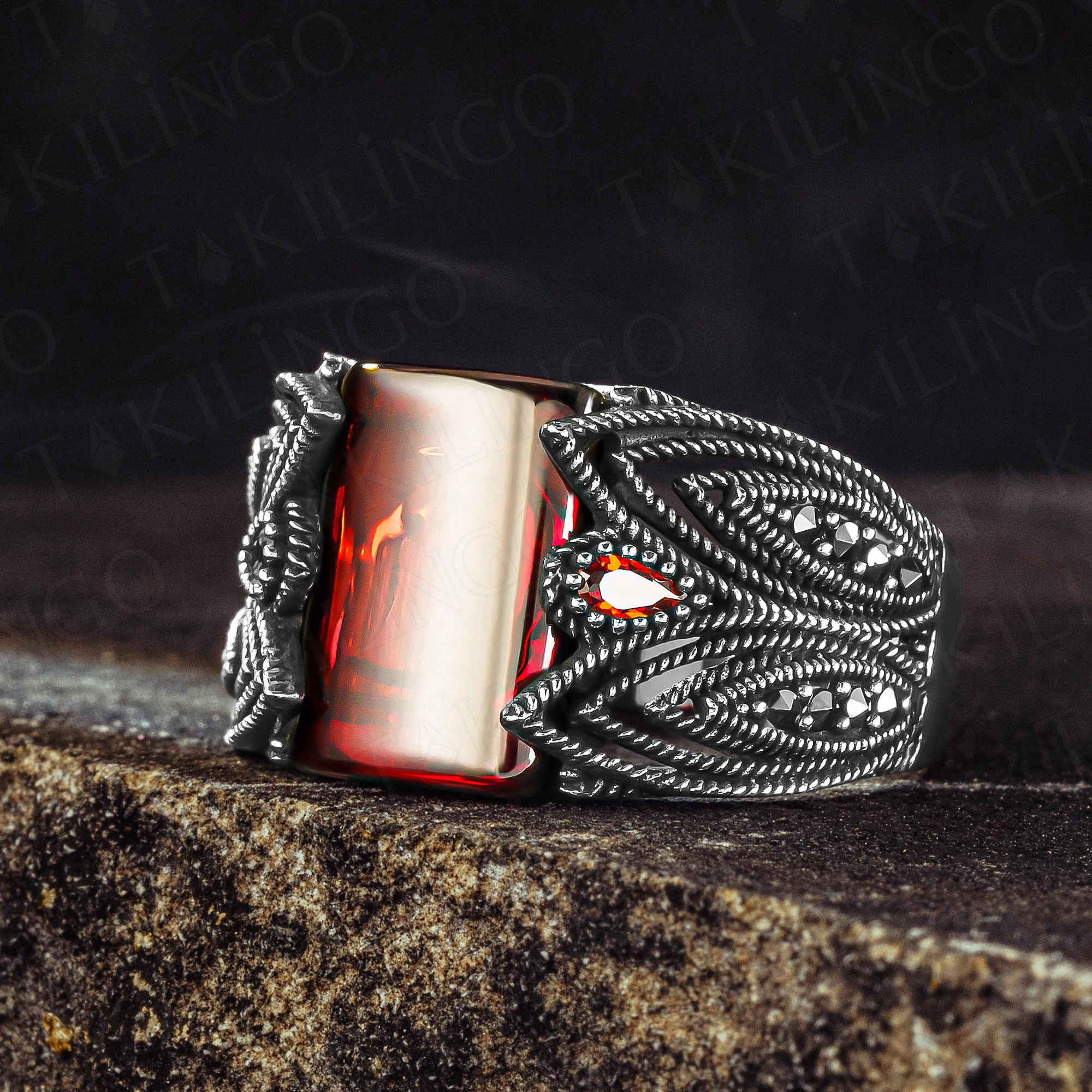 

Elegant Solid 925 Sterling Silver Oval Marcasite On Red Agate (Aqeeq) Men's Ring Turkish Handmade Silver Jewelry Gift For Men