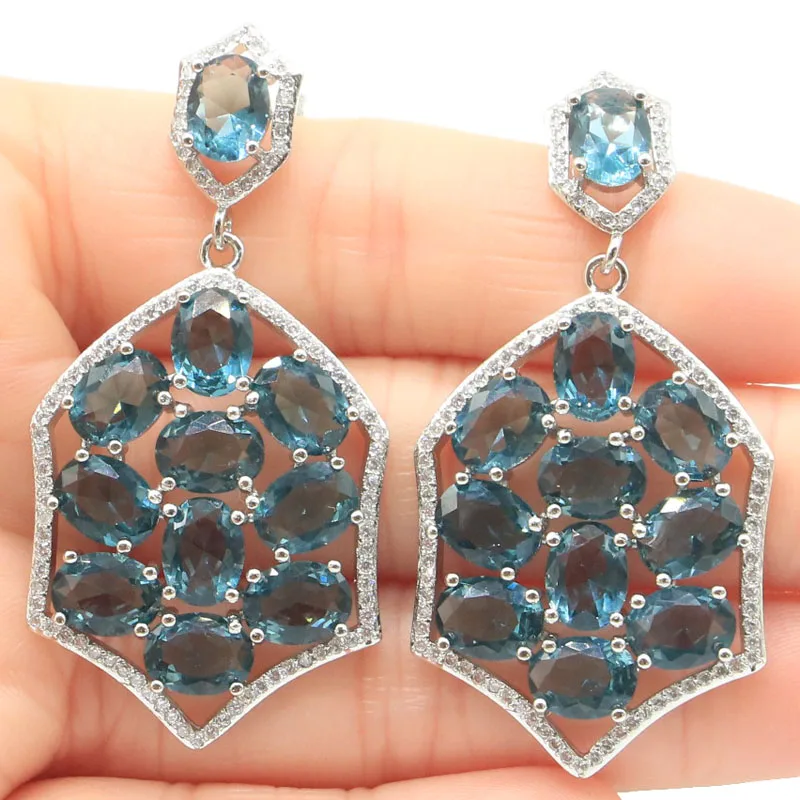 

53x26mm Luxury 13.7g Long Big London Blue Topaz White CZ Women Dating Silver Earrings Drop Shipping