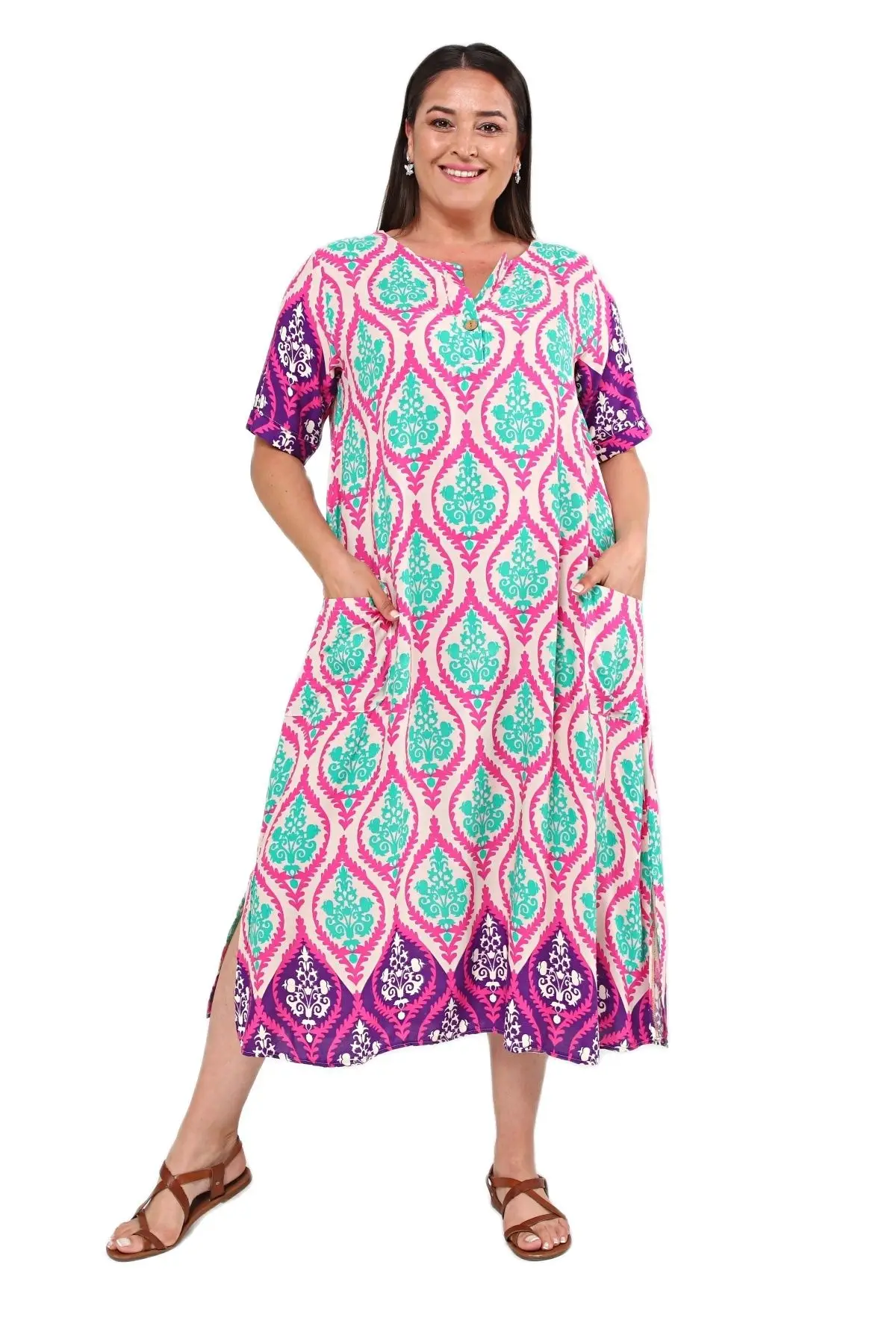Women’s Plus Size Dress Colorful Ethnic Print Detail, Designed and Made in Turkey, New Arrival
