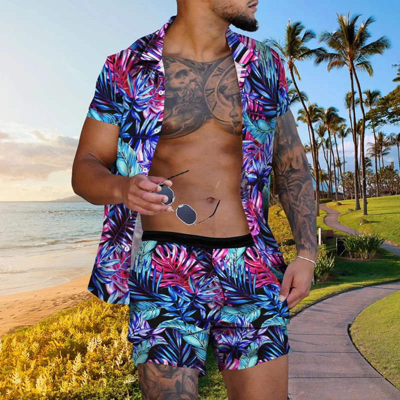 

2022 Summer New Clothing 3d Tropical Plant Pattern Printing Hawaiian Short-sleeved Shirt + Beach Pants Two-piece Set