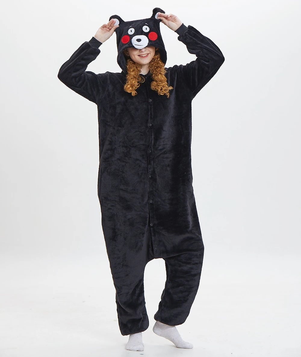 Unisex Adult Plush One Piece Pajamas Cosplay Black Bear Animal Costume Women Kigurumi Onesies Cartoon Flannel Sleepwear Overalls