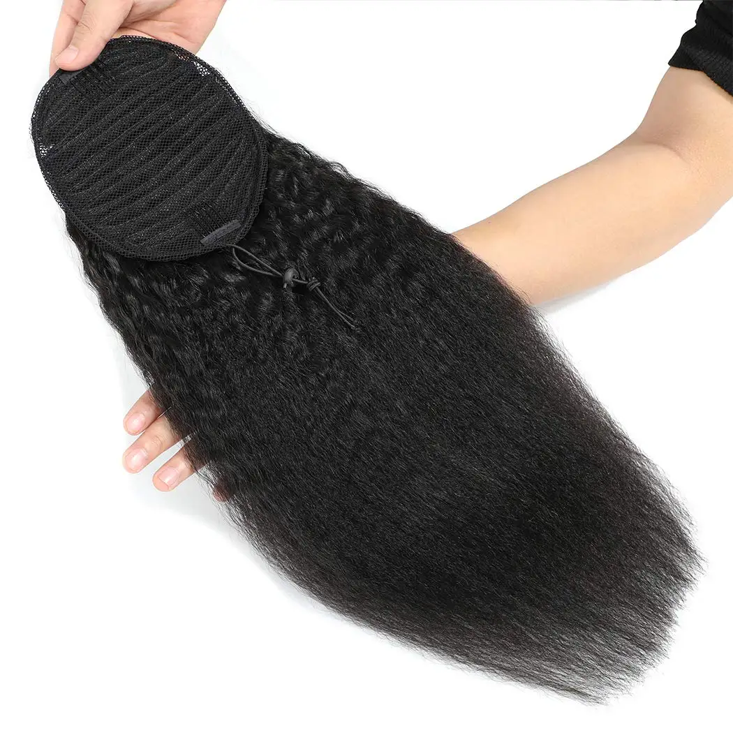 Фото Накладной хвост-шиньон Kinky Straight на резинке, натуральный черный, бразильские 100% человеческие волосы, на заколках, с обмоткой вокруг, для наращивания волос №4