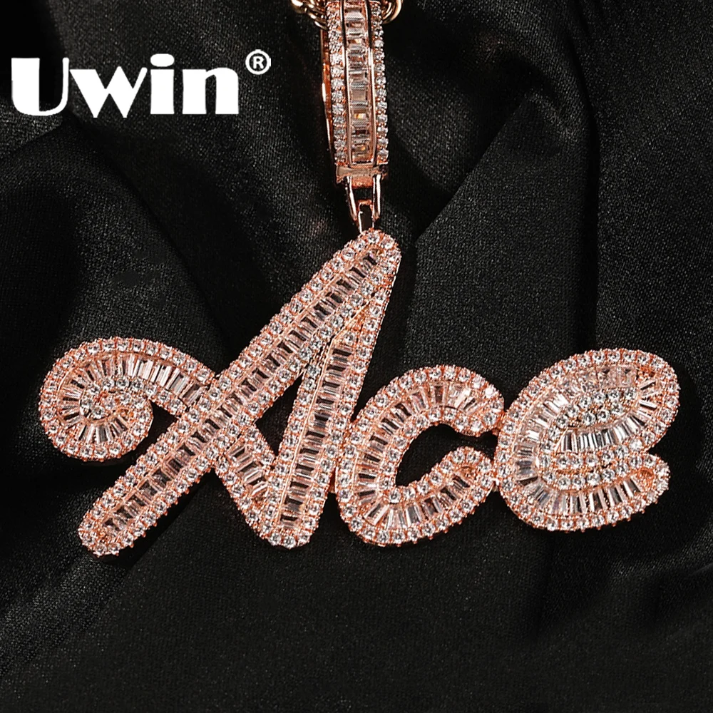 UWIN Custom Icy Square Zircon Brush Letter Necklace Custom Name Necklace with Baguette Chain Personalized Nameplate Jewelry