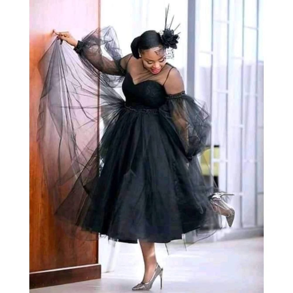 

Black Tulle Prom Dresses African Long Sleeves Sheer Neck Evening Gowns Sexy Tea Length Cutsom Made Party Weddding Dress
