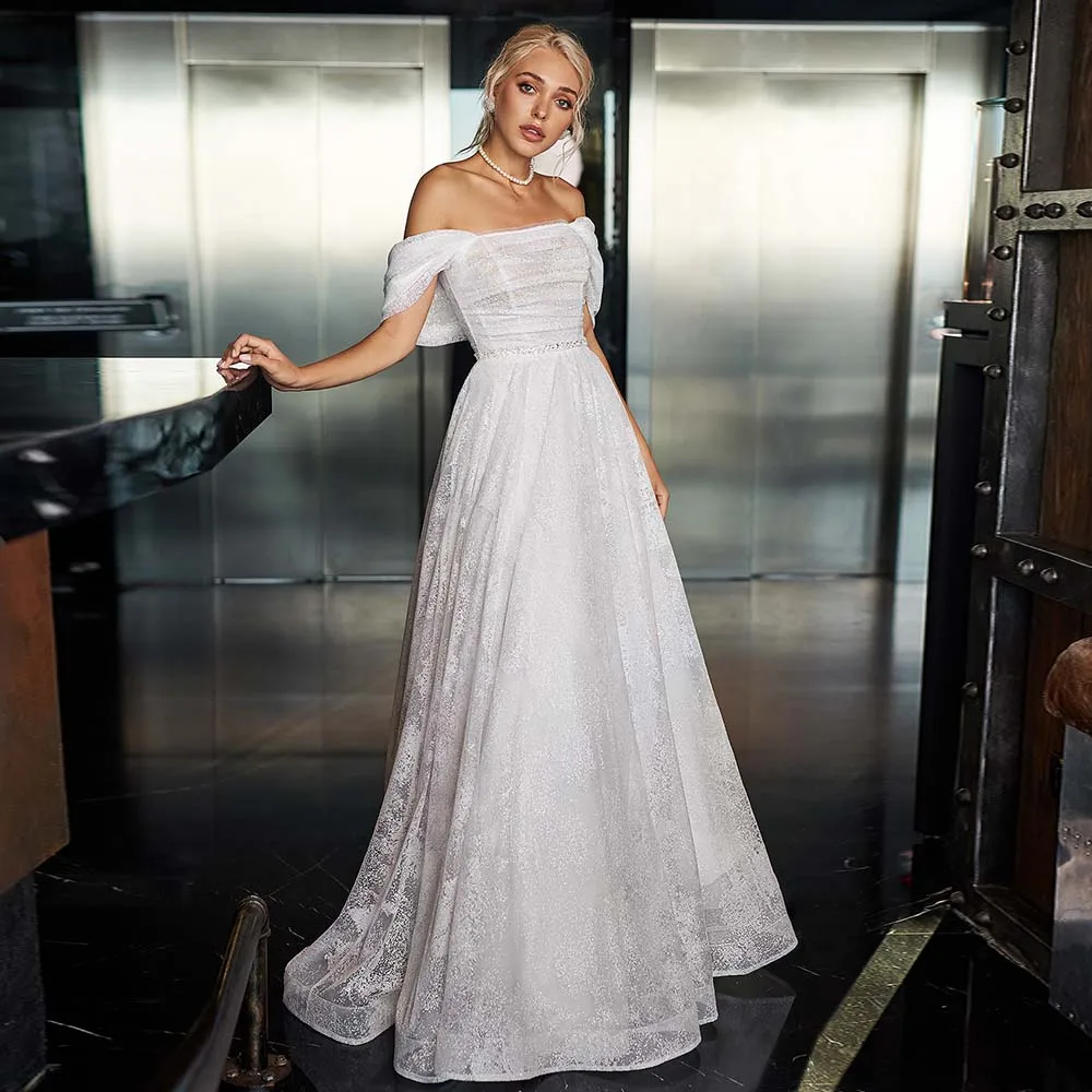 

Mordern Bridal Gowns Off Shoulder Strapless Pleats Beading Wedding Dress Sparkle Tulle A-Line Open Back Zipper Bride Dress 2022