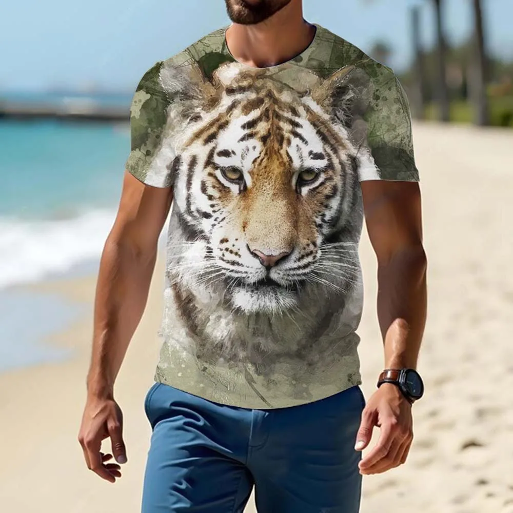 Летняя мужская модная футболка короткий рукав из 100% полиэстера 3d-принт Тигр