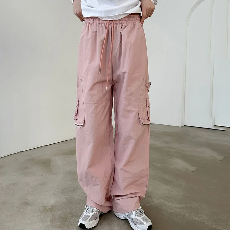 

Pink Casual Cargo Pants for Women Lace Up Pockets Workwear Pure Color Straight Leg Streetwear Hip Hop Elastic Waist Trousers