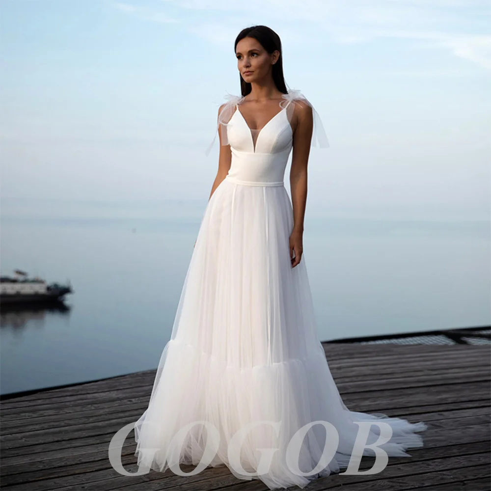

GOGOB Bow Shoulder Robe De Mariée R058 Ruched Pleated Tulle Princess Backless Spaghetti Straps Wedding Dress Gown