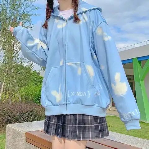 ALANOS Y2K Casual Hoody Zip Up Oversized Sweatshirts Blue Hoodies Girls Hoodies Jacket Cute Streetwear 2022 Women's Clothing