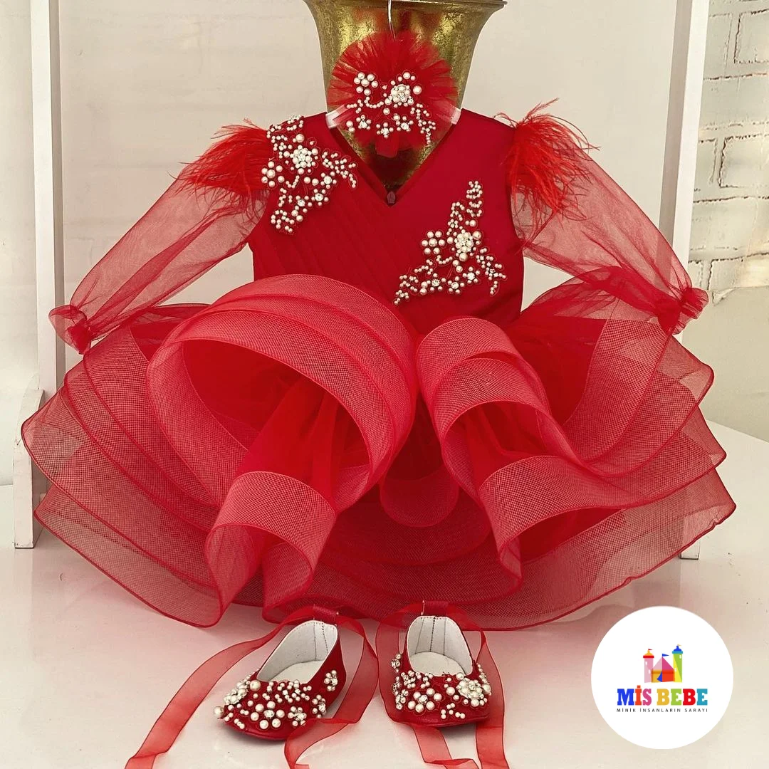 3-Pcs Dress hair Clip Shoes Red Baby Girl Tutu Dress Toddler Princess Dress Fairy Tulle Girl Puffy Baby First Birthday Dress
