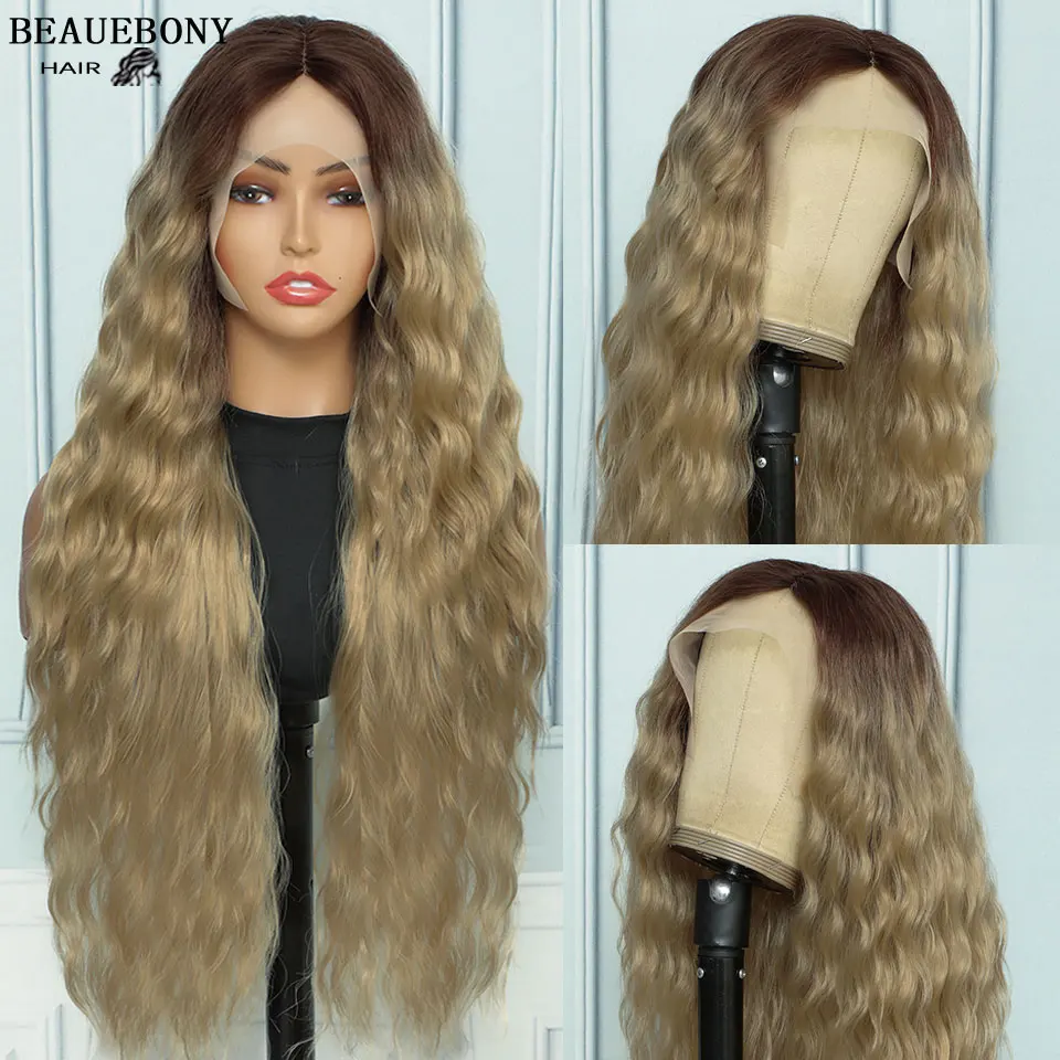 

Loose Wave Wig Curly Hair Lace Front Wig Ombre Blonde Synthetic Lace Front Wig Pre Plucked 180% Transparent Lace Wigs For Women