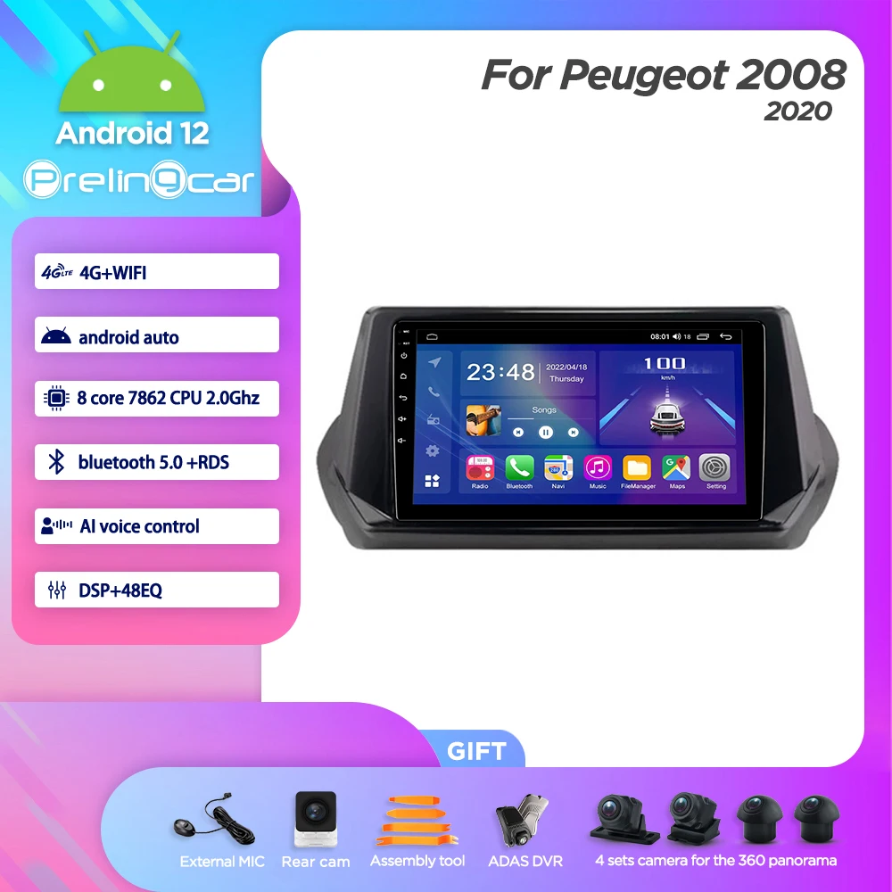 

8G + 128G 360 Cam Android 12,0 плеер для Peugeot Pejo 2008 2020 лет автомобильное радио мультимедиа видео Carplay навигация GPS 8 ядер