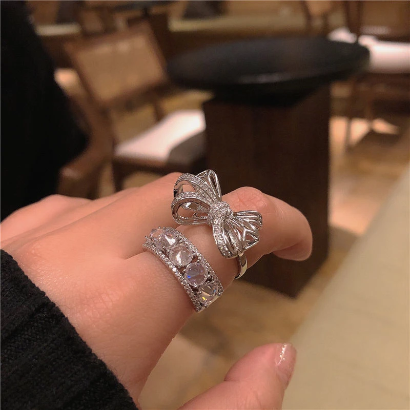 

Niche Light Luxury Gentle Zircon Shiny Row Diamond Ring Opening Adjustable Simple Fashion Trend Bow Jewelry
