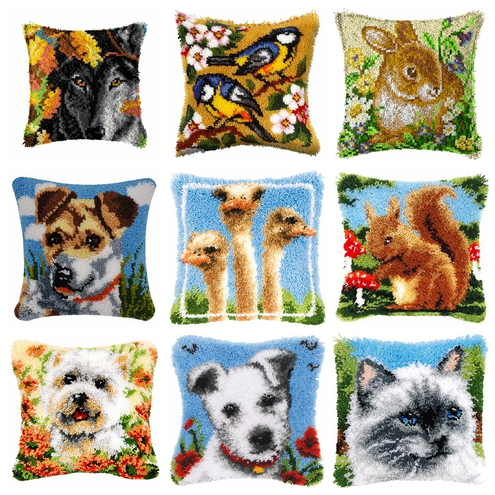 

Animal Wolf Pattern Latch Hook Kit Cushion Pillowcase Knot Pillow Package Kussen Set For Needlework Latch Hook Kits Knoopkussen