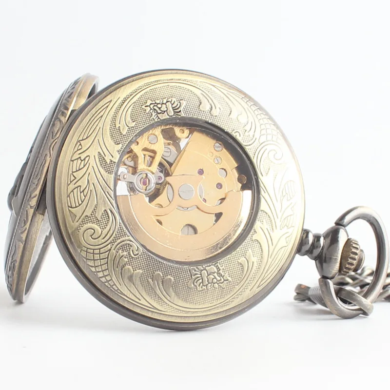 Steampunk Skeleton Engraved Mechanical Pocket Watch Roman Numerals Display Pin Chain Vintage Clock Collectible