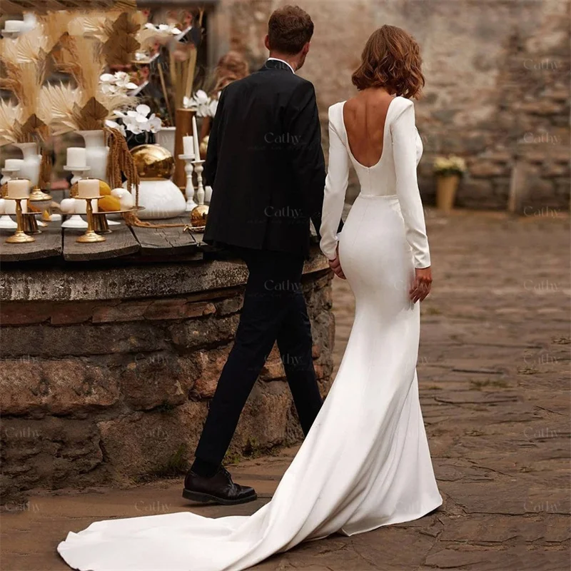 

Simple Long Sleevs Satin Wedding Dress O-neck Tulle Sweep Train Robe De Mariée Boho Mermaid Wedding Dress Vestidos De Fiesta