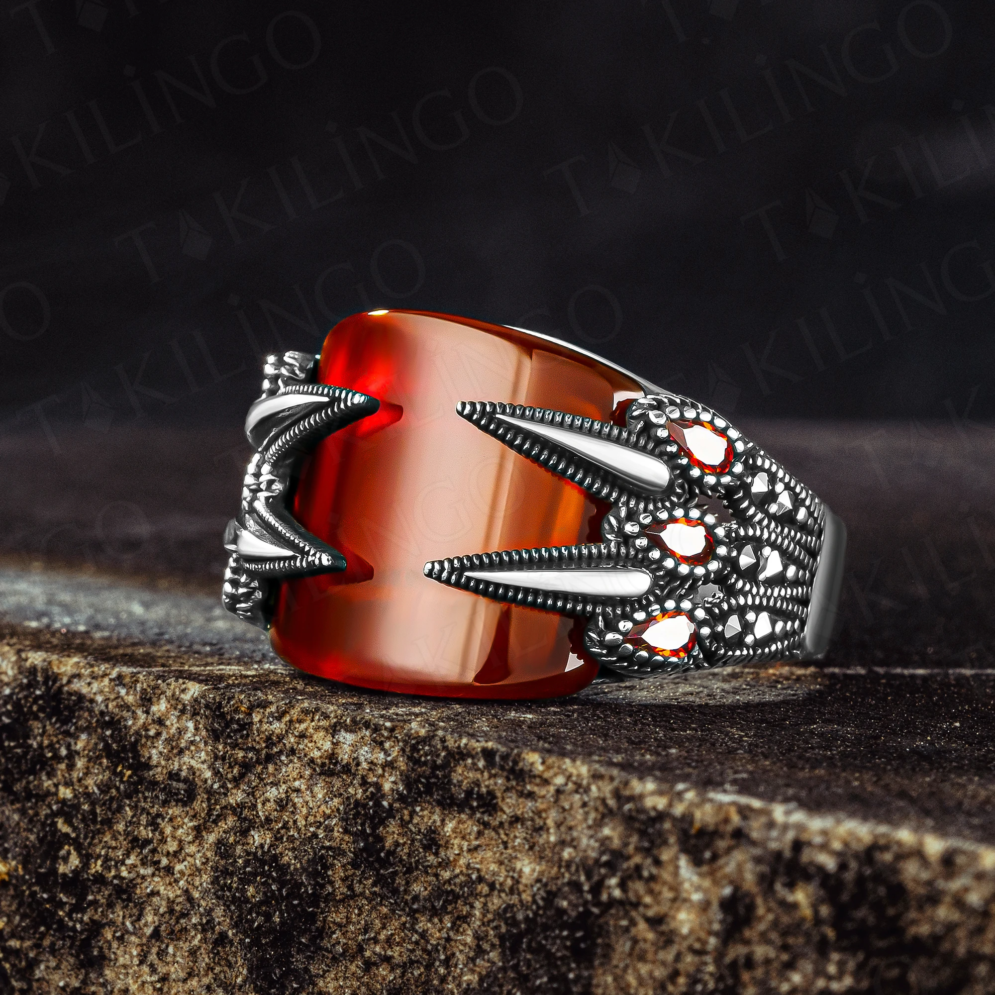 

Solid 925 Sterling Silver Oval Claw Motif Marcasite On Red Agate (Aqeeq) Men's Ring Turkish Handmade Silver Jewelry Gift For Men