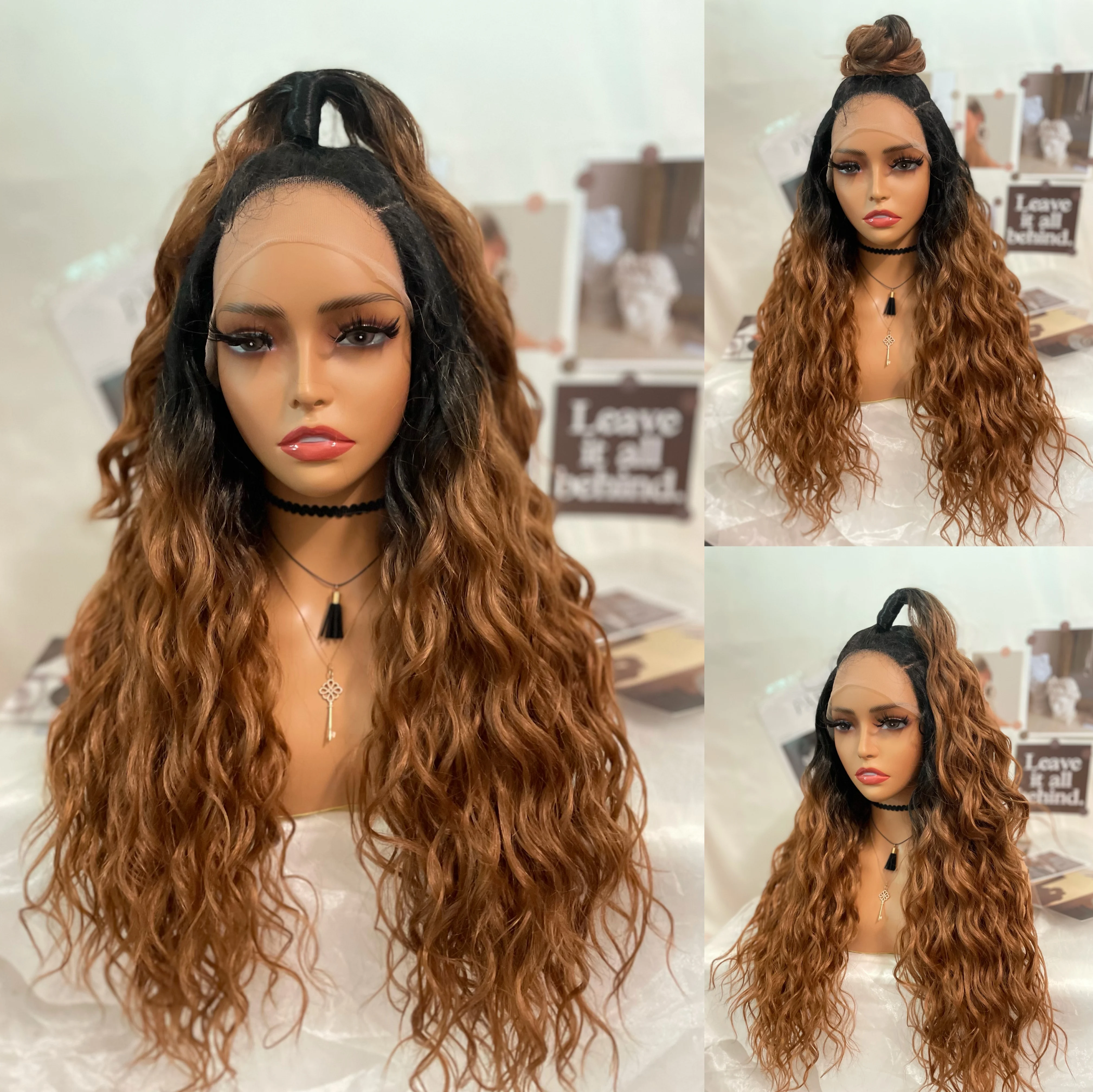 

WIGERA Special Price Synthetic Highlight Wave Bud Hair Bundle Black Mix Honey Blonde Wig Lace Front With Baby Hair For Women