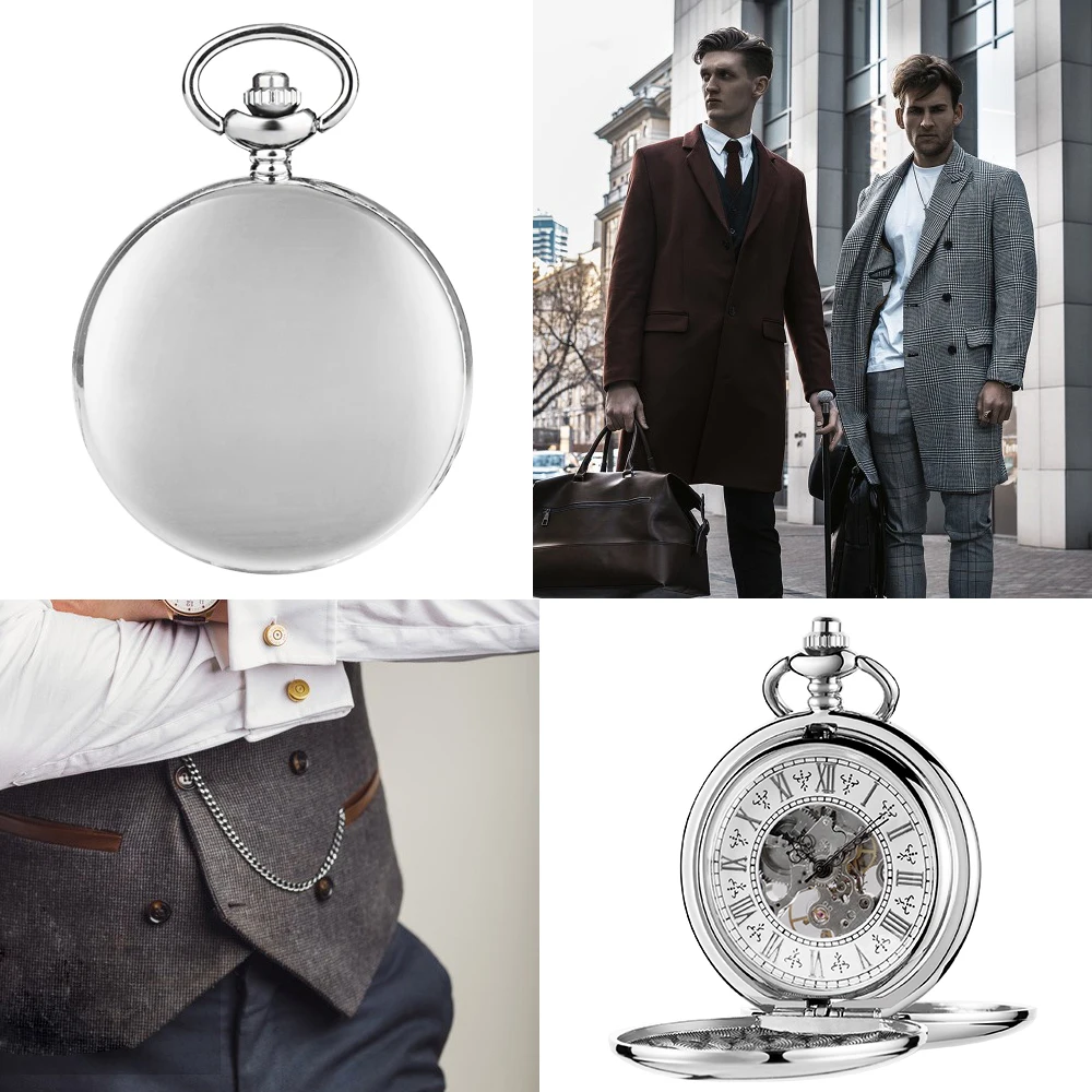 New Fashion Mens Pocket Watch Necklace Luxury Silver Men Mechanical Chain Watches Gift 2 Sides Open Case Clock
