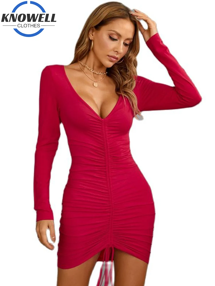 

Knowell Y2K Pleated Mini Dress Ladies Bodycon Low Cut Sexy Bodycon Dresses For Women Long Sleeve Solid Sundresses Autumn Winter