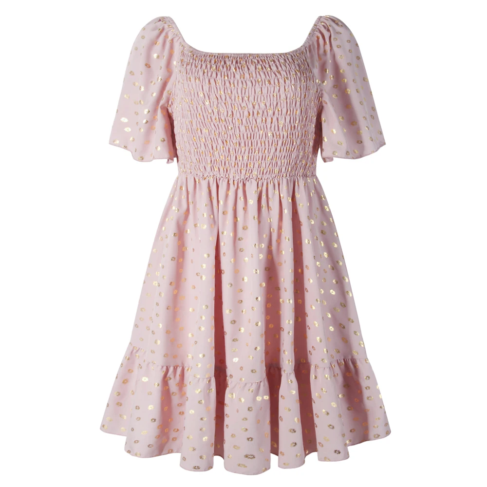 

Women's L-4XL Pink Large Plus Size Dress Summer 2023 Allover Print Flounce Sleeve Ruffle Hem Tunic Elegant Dress Sweet Clothing