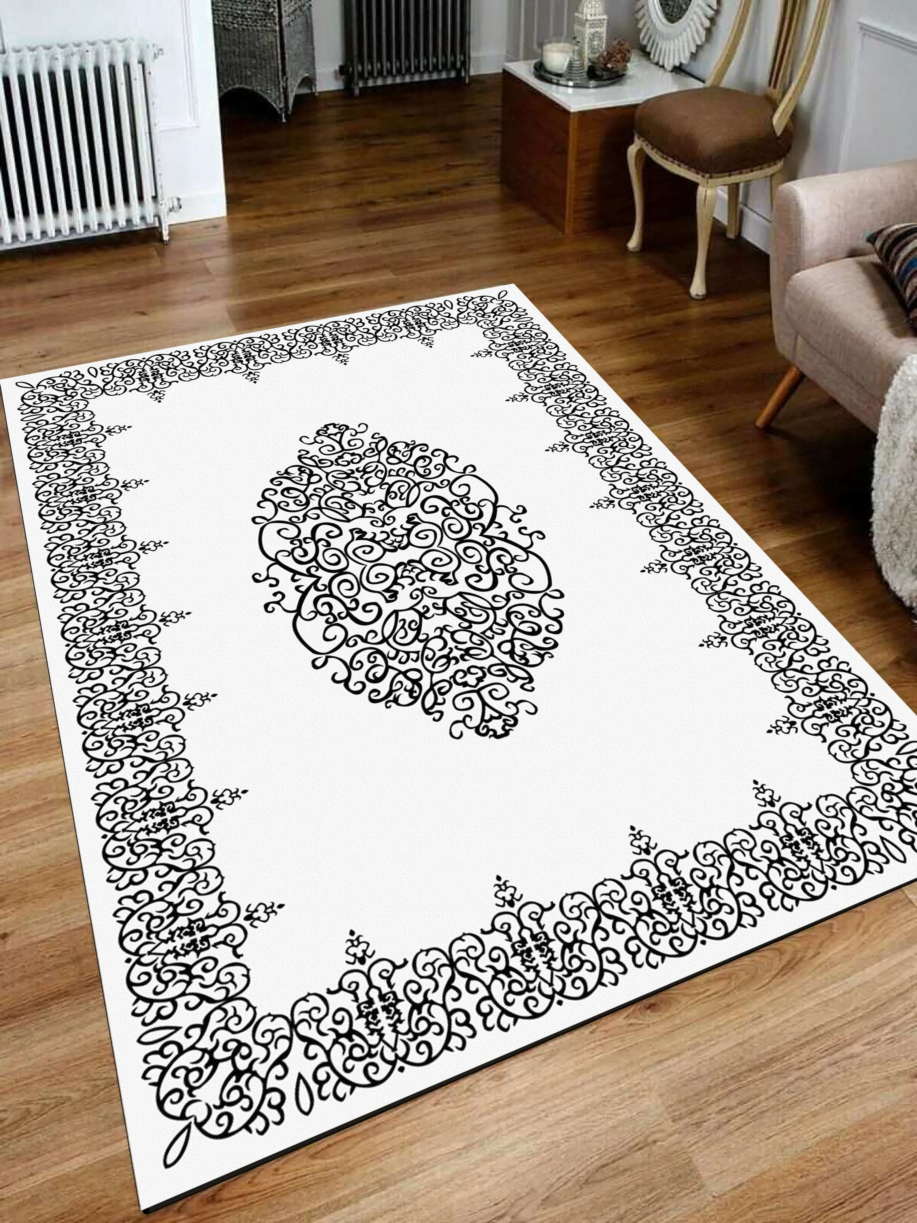 

Woven Turkish Black White Area Rug Fashion Carpet Floor Soft Modern Decoration Home Decor Thick Runner Durable Kilim