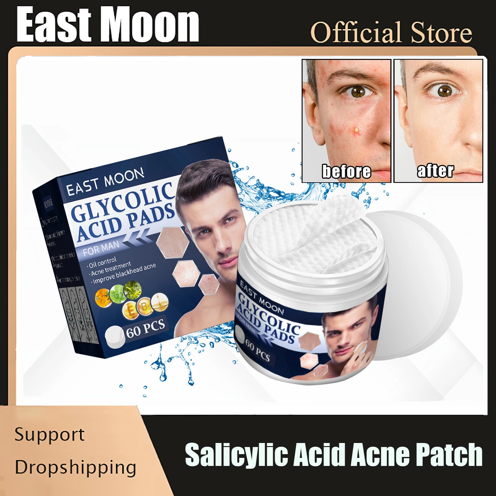 

60pcs Salicylic Acid Cotton Sheet Remove Acne Shrinking Pores Deep Cleaning Mild Repair Damaged Skin Oil Control Mask for Men