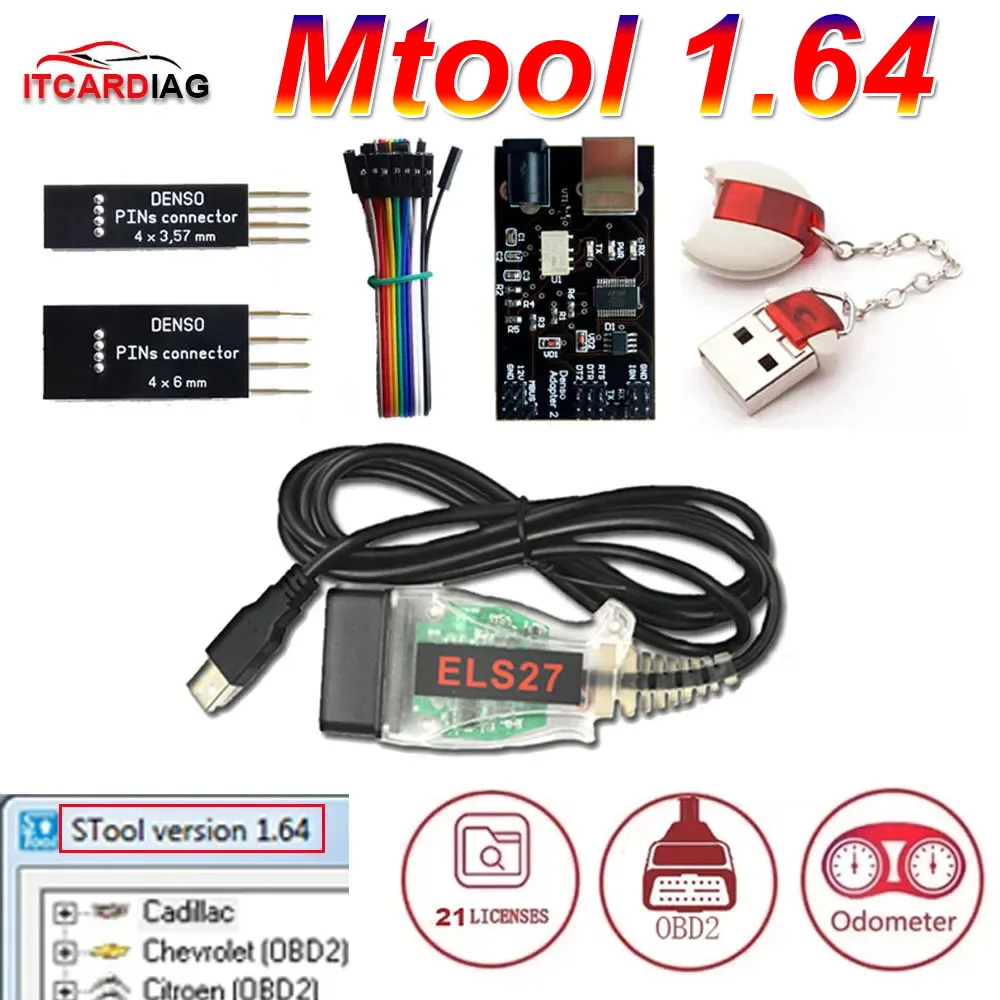 V1.64 MTool откидной программатор, инструмент для настройки пробега KM с адаптером Denso, коррекция пробега проводов и кабелей Denso Pin