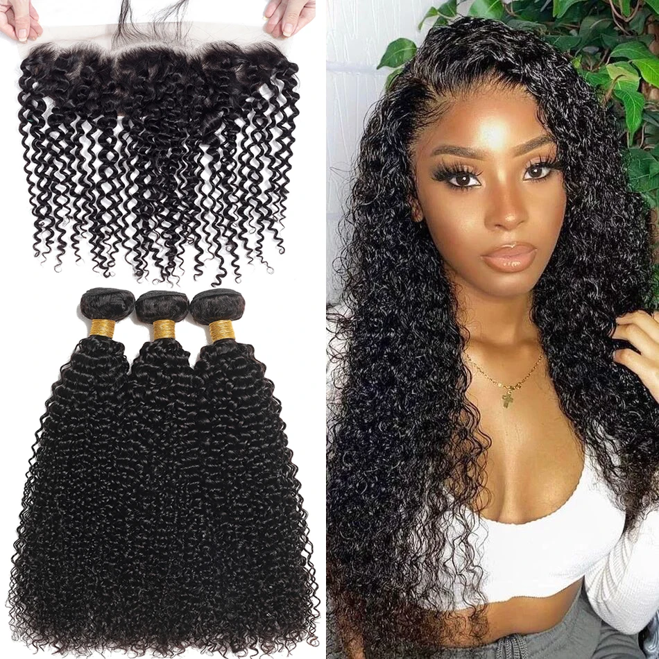 

12A Kinky Curly Bundles With Frontal Wet and Wavy Virgin Afro Kinky Curly 100% Human Hair Bundles With Closure Malaysian Hair