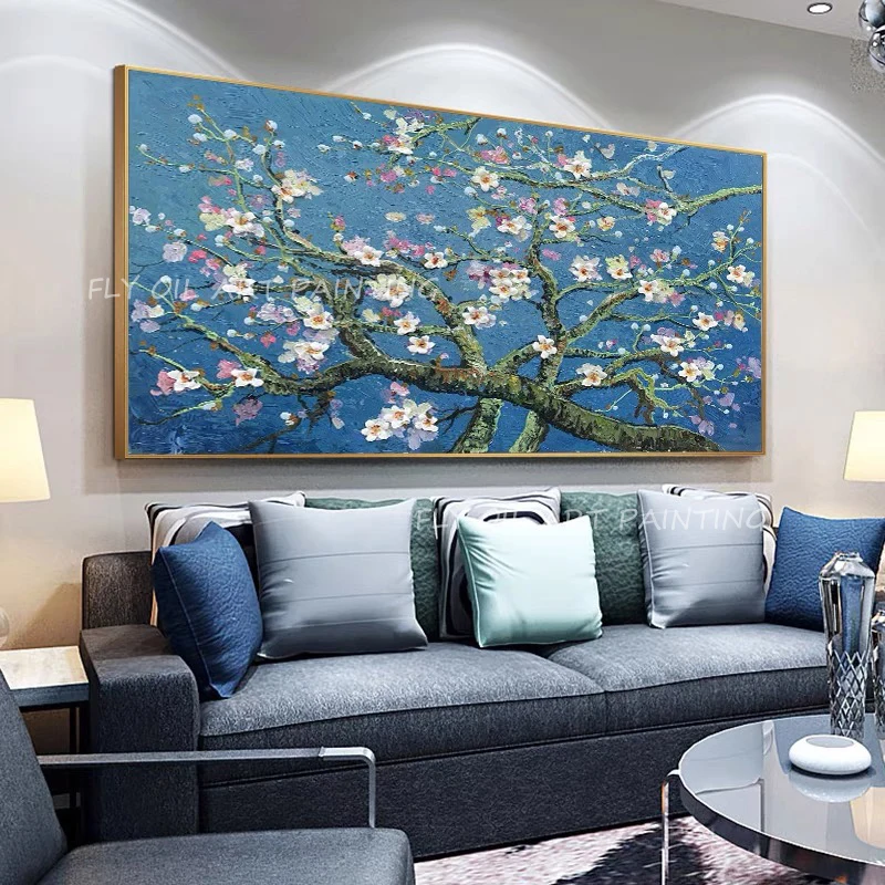 100% ручная работа Цветочное дерево красивое растение роспись синий холст толстые