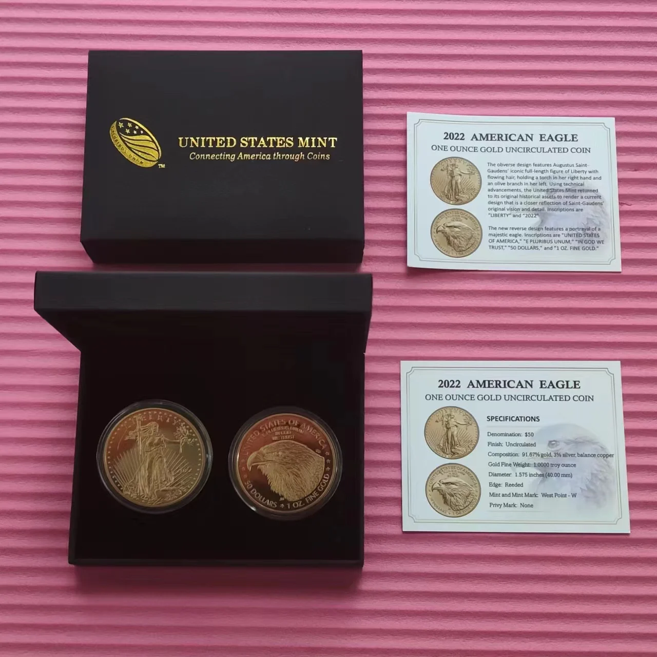 

5 Styles NonMagnetic 1OZ Liberty Eagle Gold Coin 50 Dollars Souvenir Coins with US Mint Gift Box High Quality Gift