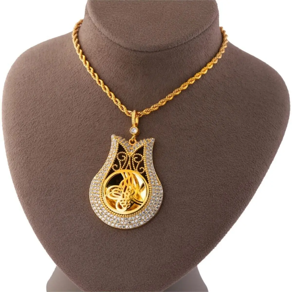 

GoldFashion 22K Women's Gold Plated Rope Chain Classic Tulip Monogram Necklace Diamond Jewelry Set Wedding Turkey Gift Speacial