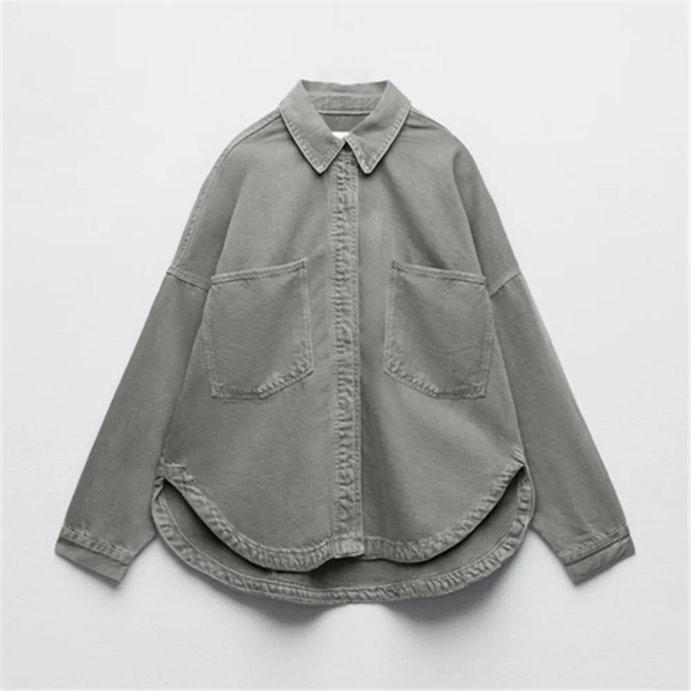 

PB&ZA autumn and winter new women's casual all-match lapel long-sleeved pockets loose denim shirt jacket 4877/241