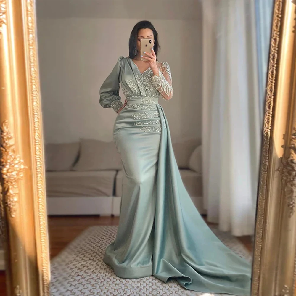 

Bbonlinedress Небесно голубая Русалка Вечерние платья с длинным рукавом и бусинами для женской вечеринки 2022 новые летние платья со шлейфом