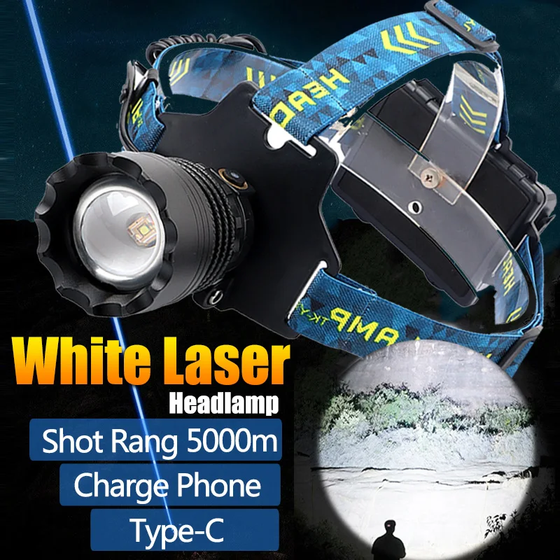 

5000 Meters Long Throw LED Headlamp Type-C Rechargeable Searching Spotlights 1000000 High Lumens White LED Tactical Headlight