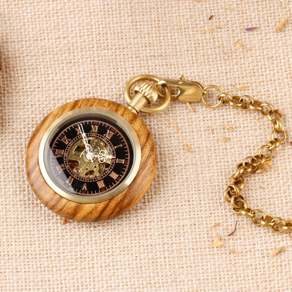 Wood Special Design Fashion Pocket Watch Mechanical Vintage Necklace Men Women Birthday Anniversary Gift With Box