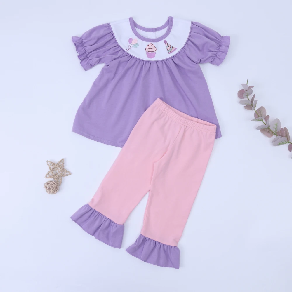 

1-8Yrs Spring Purple Pant Set Clothes Half Sleeve Top Suits With Cartoon Birthday Gifts Embroidery 2Pcs Outfit Boutique Clothing