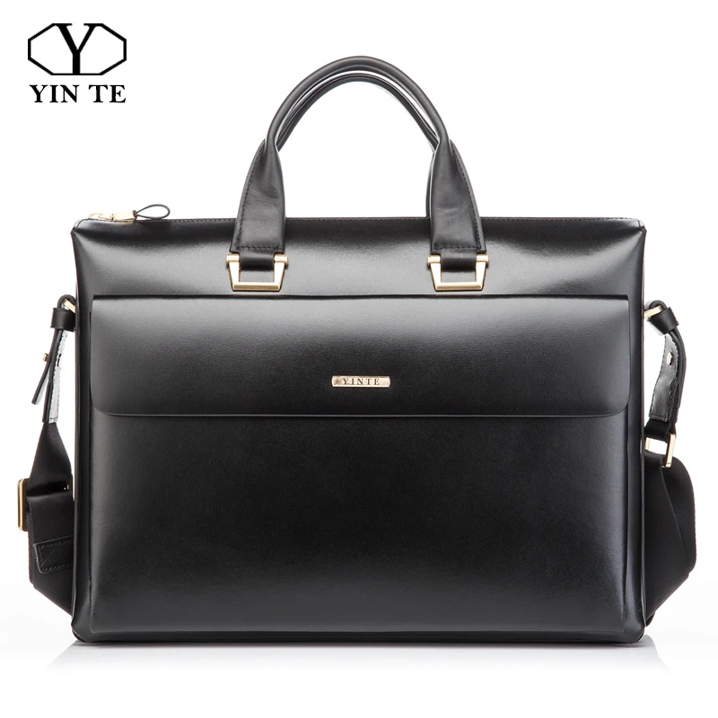 YINTE Leather Men's Briefcase Business Men Black Handbag High Quality Messenger 14inch Laptop Bag Men's Tote Portfolio Maletines