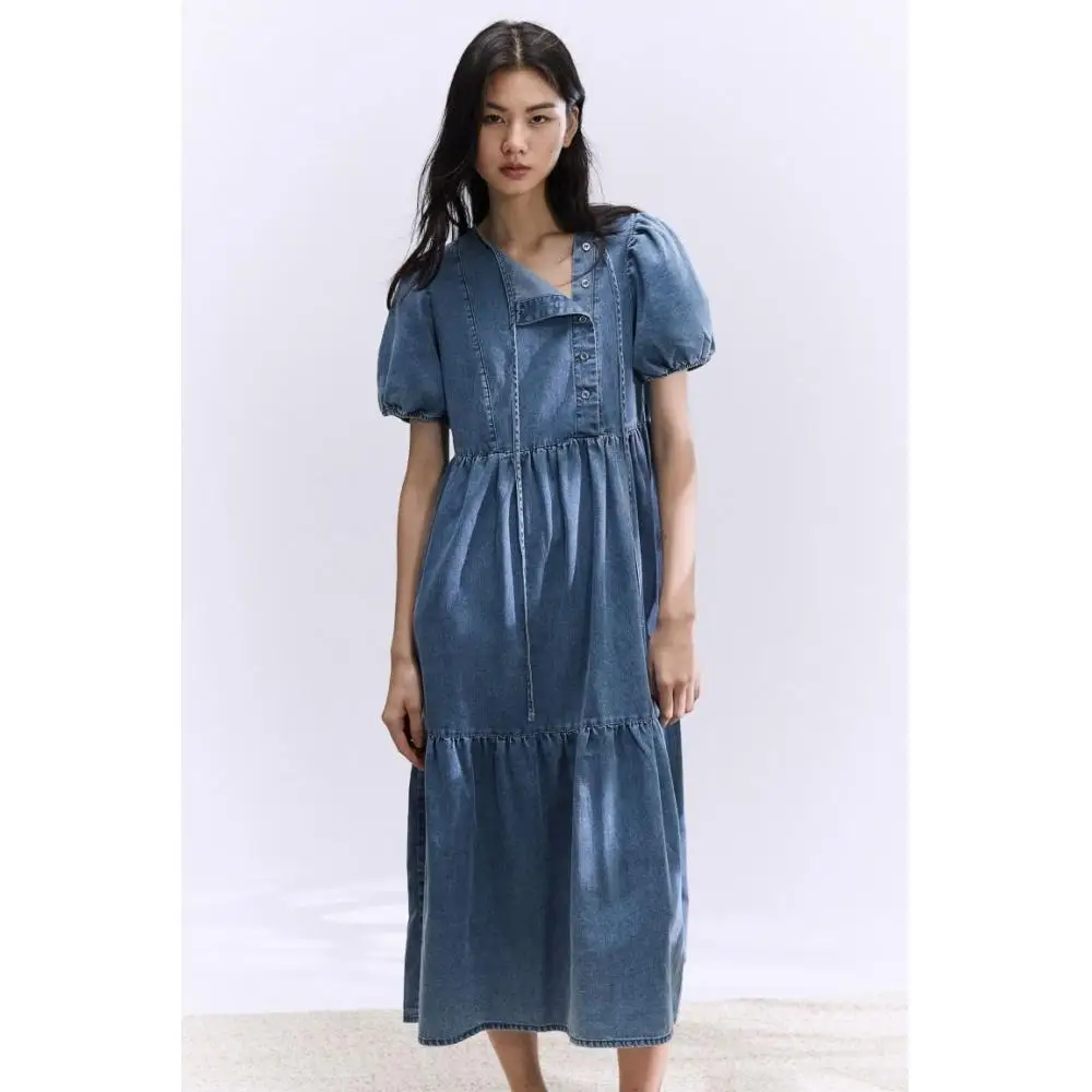 Платье H M с пышными рукавами из джинсовой ткани синего цвета